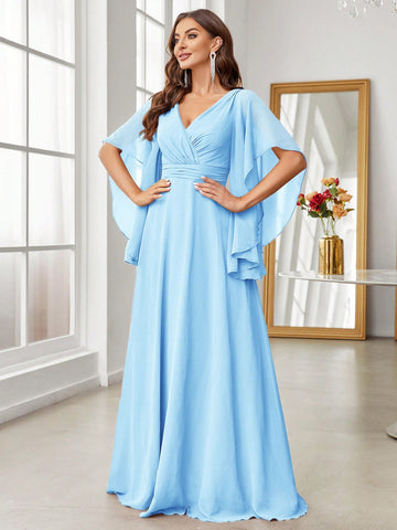 Adult Women's Off-The-Shoulder V-Neck Pleated Bridesmaid Dress
