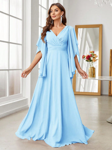 Adult Women's Off-The-Shoulder V-Neck Pleated Bridesmaid Dress