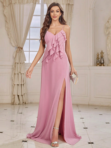 Adult Women's Ruffled High-low Hem Spaghetti Strap Bridesmaid Dress