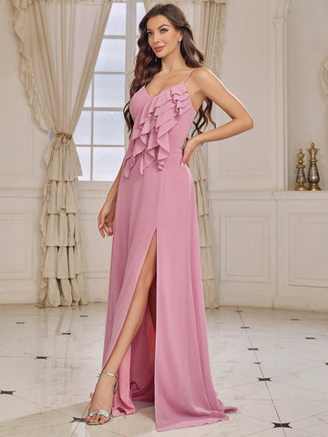 Adult Women's Ruffled High-low Hem Spaghetti Strap Bridesmaid Dress