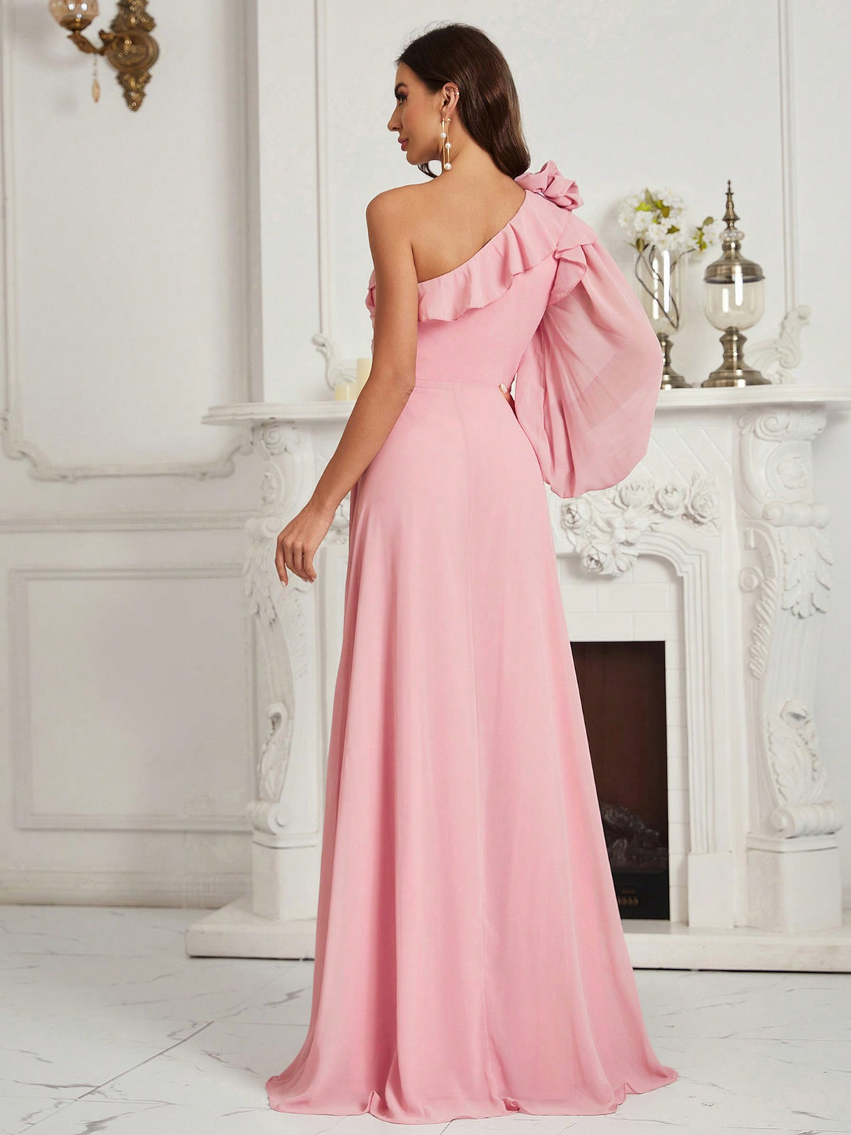 Adults' Ruched, Ruffled, Floral One Shoulder Bridesmaid Dress With Flounce Detail