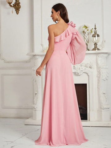 Adults' Ruched, Ruffled, Floral One Shoulder Bridesmaid Dress With Flounce Detail