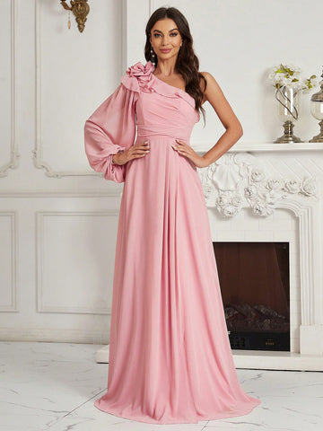 Adults' Ruched, Ruffled, Floral One Shoulder Bridesmaid Dress With Flounce Detail