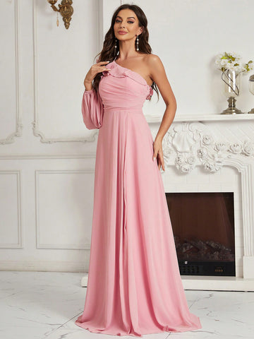 Adults' Ruched, Ruffled, Floral One Shoulder Bridesmaid Dress With Flounce Detail