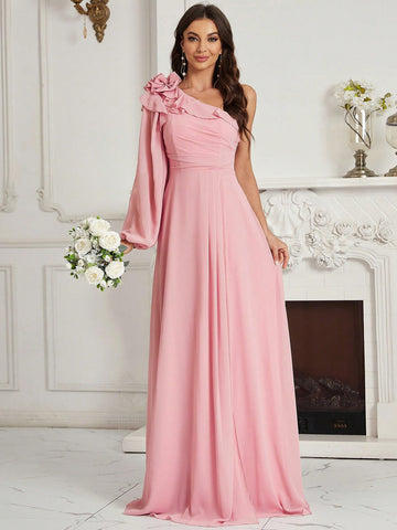 Adults' Ruched, Ruffled, Floral One Shoulder Bridesmaid Dress With Flounce Detail