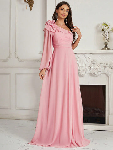 Adults' Ruched, Ruffled, Floral One Shoulder Bridesmaid Dress With Flounce Detail