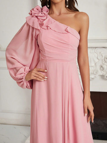 Adults' Ruched, Ruffled, Floral One Shoulder Bridesmaid Dress With Flounce Detail