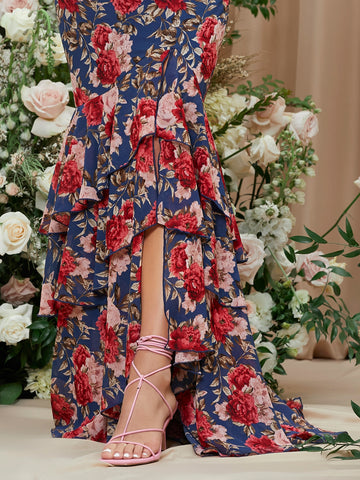 Allover Floral Print Lace Up Backless Layered Mermaid Hem Slip Bridesmaid Dress