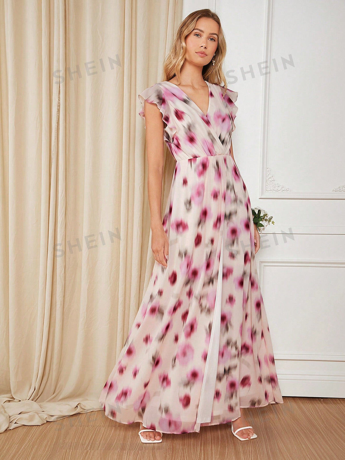Allover Print Ruffle Trim Chiffon Bridesmaid Dress
