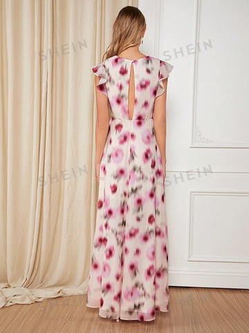 Allover Print Ruffle Trim Chiffon Bridesmaid Dress