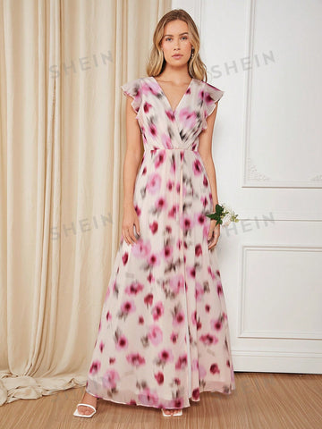 Allover Print Ruffle Trim Chiffon Bridesmaid Dress
