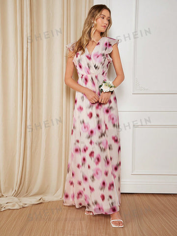 Allover Print Ruffle Trim Chiffon Bridesmaid Dress