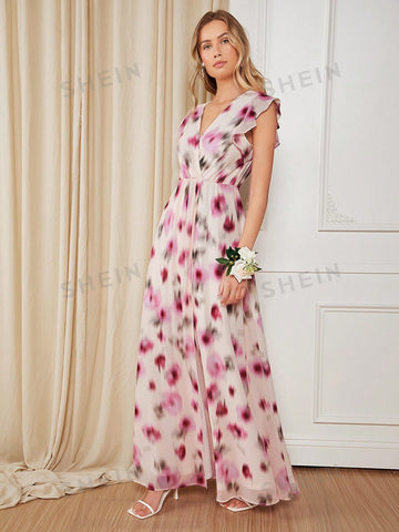 Allover Print Ruffle Trim Chiffon Bridesmaid Dress