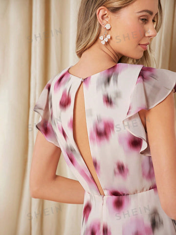 Allover Print Ruffle Trim Chiffon Bridesmaid Dress