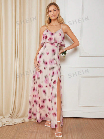 Allover Print Split Thigh Chiffon Bridesmaid Dress