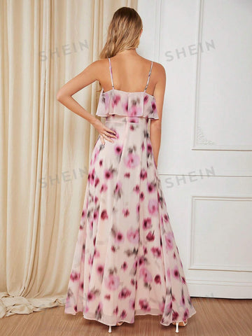 Allover Print Split Thigh Chiffon Bridesmaid Dress