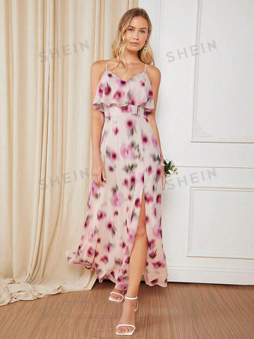 Allover Print Split Thigh Chiffon Bridesmaid Dress