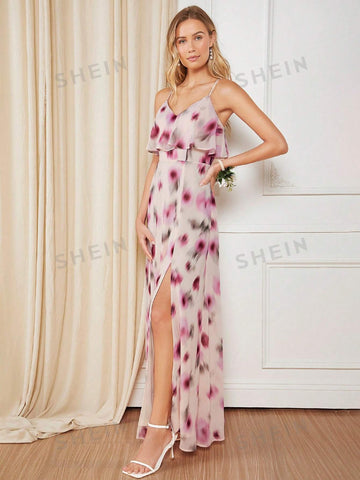 Allover Print Split Thigh Chiffon Bridesmaid Dress