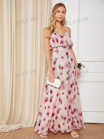 Allover Print Split Thigh Chiffon Bridesmaid Dress