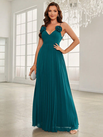 Appliques Pleated Hem Bridesmaid Dress