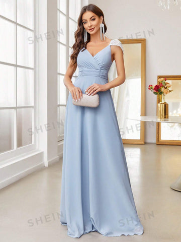 Appliques Shoulder Ruched Waist Mesh Bridesmaid Dress