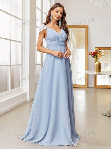 Appliques Shoulder Ruched Waist Mesh Bridesmaid Dress
