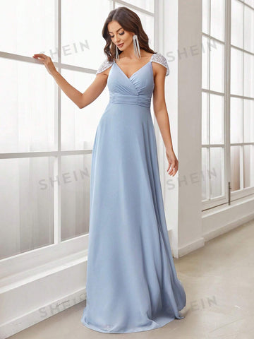 Appliques Shoulder Ruched Waist Mesh Bridesmaid Dress