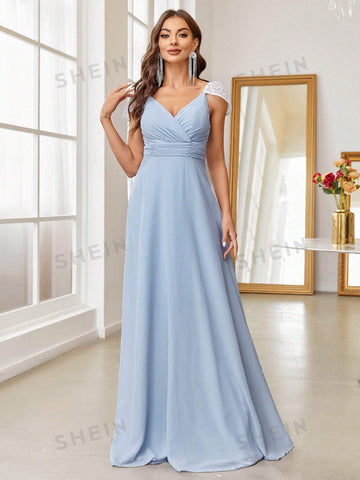 Appliques Shoulder Ruched Waist Mesh Bridesmaid Dress