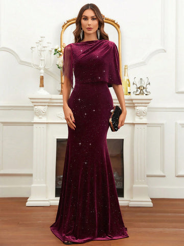 Asymmetrical Neck Draped Detail Sequin Formal Dress