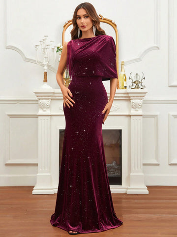 Asymmetrical Neck Draped Detail Sequin Formal Dress