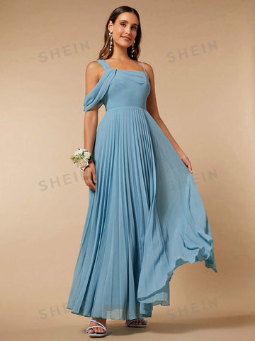 Asymmetrical Neck Pleated Hem Chiffon Bridesmaid Dress