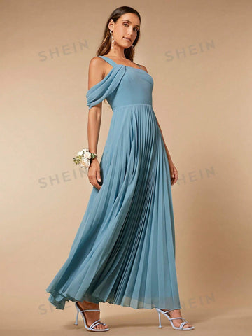 Asymmetrical Neck Pleated Hem Chiffon Bridesmaid Dress
