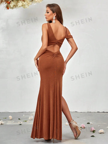Asymmetrical Neck Ruched Split Thigh Dress