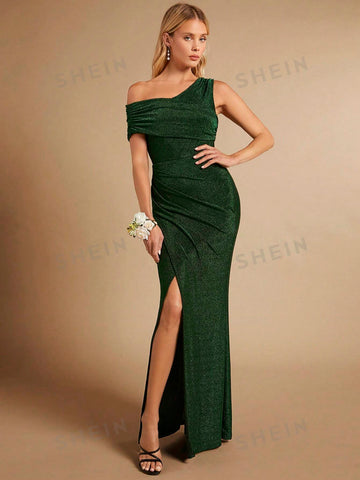 Asymmetrical Neck Ruched Split Thigh Glitter Bridesmaid Dress