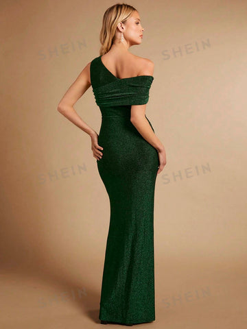 Asymmetrical Neck Ruched Split Thigh Glitter Bridesmaid Dress