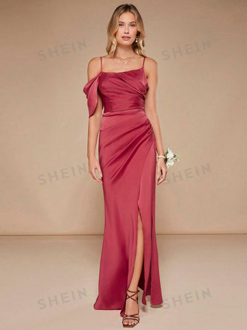 Asymmetrical Neck Ruched Wrap Hem Satin Bridesmaid Dress