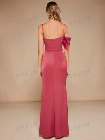 Asymmetrical Neck Ruched Wrap Hem Satin Bridesmaid Dress