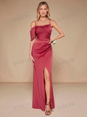 Asymmetrical Neck Ruched Wrap Hem Satin Bridesmaid Dress