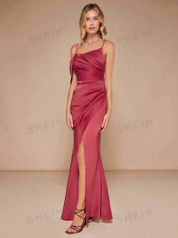 Asymmetrical Neck Ruched Wrap Hem Satin Bridesmaid Dress