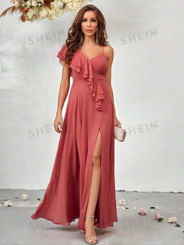 Asymmetrical Neck Ruffle Trim Split Thigh Chiffon Bridesmaid Dress