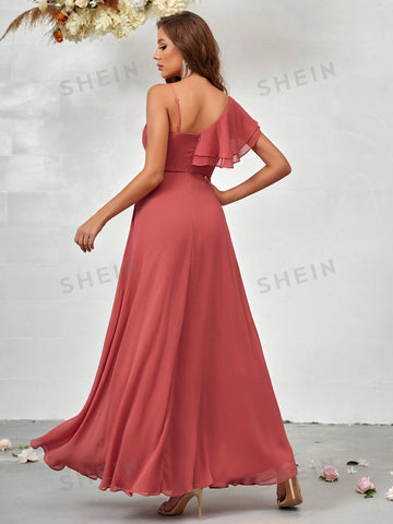 Asymmetrical Neck Ruffle Trim Split Thigh Chiffon Bridesmaid Dress