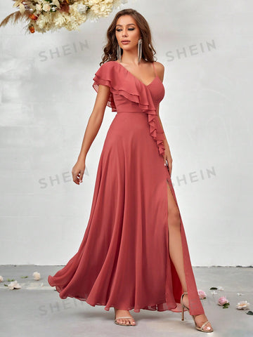 Asymmetrical Neck Ruffle Trim Split Thigh Chiffon Bridesmaid Dress