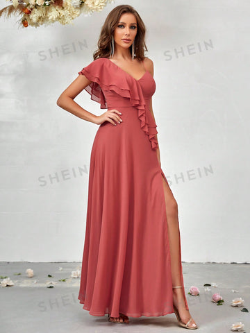 Asymmetrical Neck Ruffle Trim Split Thigh Chiffon Bridesmaid Dress