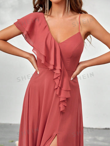 Asymmetrical Neck Ruffle Trim Split Thigh Chiffon Bridesmaid Dress