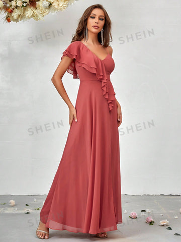 Asymmetrical Neck Ruffle Trim Split Thigh Chiffon Bridesmaid Dress