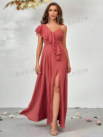 Asymmetrical Neck Ruffle Trim Split Thigh Chiffon Bridesmaid Dress