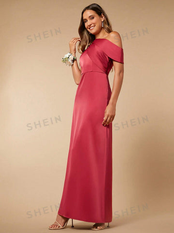 Asymmetrical Neck Solid Maxi Bridesmaid Dress