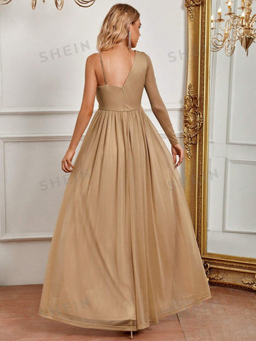 Asymmetrical Neck Split Thigh Bridesmaid Dress