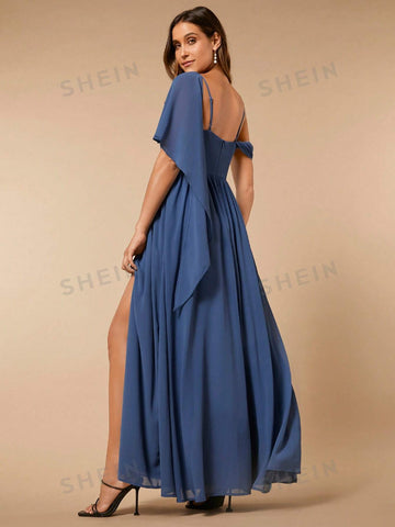 Asymmetrical Neck Split Thigh Chiffon Bridesmaid Dress