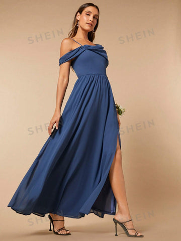 Asymmetrical Neck Split Thigh Chiffon Bridesmaid Dress